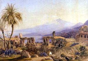 Taormina in Sicilië: de ruïnes en Etna. Schilderij door Jacob Suter, circa 1850 door Jakob Suter