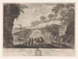 Berglandschap met een houten brug tussen twee rotsen door Jakob Wangner
