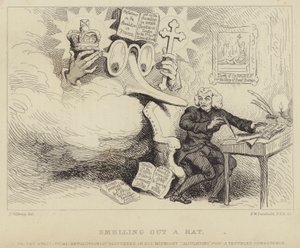 Een rat opsporen: Welshe filosoof, non-conformistische prediker en pamflettist Richard Price opgeschrikt door een gigantische brilneus die Edmund Burke voorstelt, die hem betrapt te midden van bewijzen van opruiing tegen kerk en staat