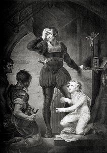 Koning Jan. Act IV, scène I: Hubert met Arthur in de gevangenis door James (after) Northcote