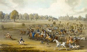 Jagers betreden het veld in Hatfield Park, gegraveerd door James Pollard (1797-1867)
