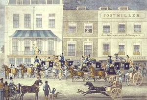 West Country Mail bij het Gloucester Coffee House, Piccadilly, gegraveerd door C. Rosenberg