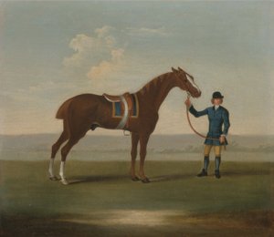 Een Kastanjebruin Paard (mogelijk Old Partner) Gehouden door een Knecht