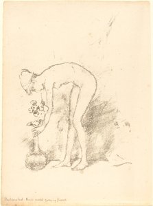 Een naakt model schikt bloemen, c. 1892