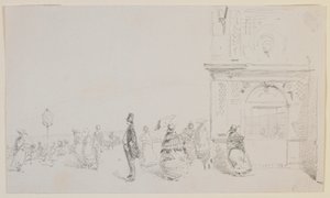 Een groep figuren op een esplanade, 1857