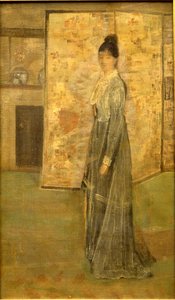 Arrangement in vleeskleur en grijs: het Chinese scherm door James Abbott McNeill Whistler