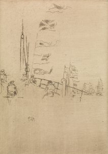 Vlagvertoon, uit een set van twaalf etsen getiteld De Marine Review, 1887 door James Abbott McNeill Whistler