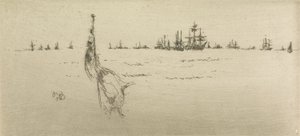 Het Strijken van de Vlag, uit een set van twaalf etsen getiteld De Marine Review, 1887 door James Abbott McNeill Whistler
