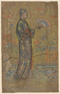 Japanse vrouw schildert een waaier recto, staande vrouw houdt haar jurk omhoog verso, c. 1872 door James Abbott McNeill Whistler