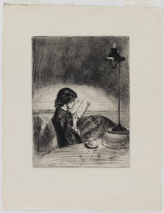 Lezen bij lamplicht, 1858