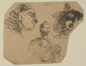 Twee vrouwelijke hoofden en staande figuur uit schetsen op de Coast Survey Plate, 1854-55 door James Abbott McNeill Whistler