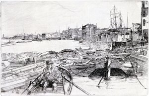 Uitzicht op de Theems, over het Londense bekken (Engeland), in 1859, behoort tot een serie gravures over de Theems, die de gemeenschap van maritieme arbeiders in de Engelse hoofdstad benadrukt door James Abbott McNeill Whistler
