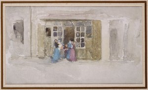 Vrouwen en kinderen bij een winkeldeur