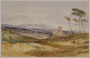 Landschap met kasteel en figuren door James Baker Pyne