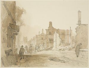 Ruïnes van het Stadhuis en Douanehuis in Queen Square na de rellen door James Baker Pyne