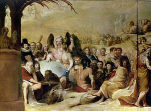 Elysium, of de staat van uiteindelijke vergelding, zesde in de serie De vooruitgang van menselijke cultuur en kennis, detail van wetenschappers en filosofen die naar de wereldbol kijken
