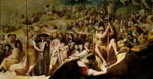 Elysium, of de staat van uiteindelijke vergelding, zesde in de serie De vooruitgang van menselijke cultuur en kennis, detail van wetenschappers en filosofen
