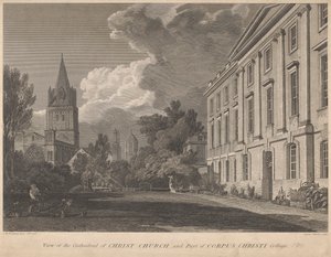 Zicht op de kathedraal van Christ Church en een deel van Corpus Christi College door James Basire