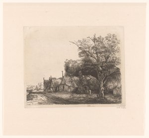 Landschap met drie huisjes met puntgevels langs een weg door James Bretherton