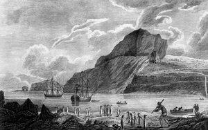 Kerguelen eiland, uitzicht op Kerstmisbaai, tekening door William Hodges, gravure door William Watts, illustratie uit Voyage towards South Pole, and Round World, door James Cook (1728-1779)