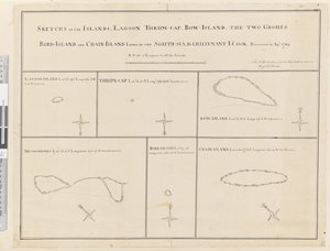 Schetsen van de eilanden Lagoon, Thrum-Cap, Bow-Island, de Twee Groepen, Bird Island en Chain Island, gelegen in de Zuidzee... ontdekt in april 1769 door James Cook