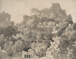 Rotsachtig landschap met klassieke gebouwen, ca. 1745 door James Deacon