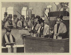 Het Loofhuttenfeest in de Noord-Londense synagoge, de lezer die de palm tak neemt