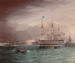 De U.S.S. Pennsylvania op sleeptouw bij het uitbreken van de Amerikaanse Burgeroorlog met Fort Monroe op de achtergrond