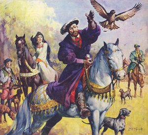 Koning Hendrik VIII en Anne Boleyn op jacht (kleurenlitho)