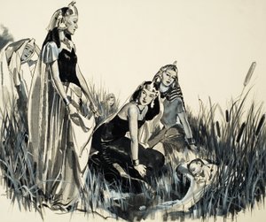 Mozes is gevonden tussen de stierenstruiken (gouache op papier) door James Edwin McConnell