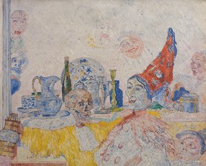 Pierrot en skelet in een gele mantel door James Ensor