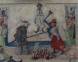 Skeletten vechten om het lichaam van een gehangene door James Ensor