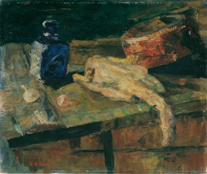 Stilleven met blauwe fles en geplukte kip door James Ensor