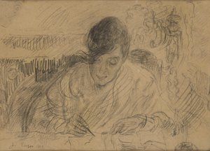 Vrouw die een brief schrijft (zuster van Ensor) door James Ensor