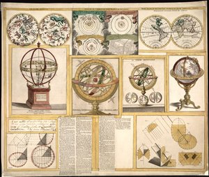 Verzameling van negen afbeeldingen waaronder astronomische instrumenten, hemelkaarten en een wereldkaart. LOC 2013593153 door James Ferguson