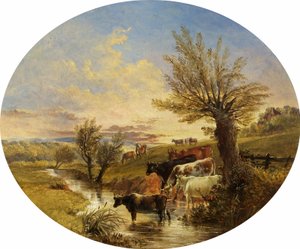 Landschap met stroom en vee door James Flewitt Mullock