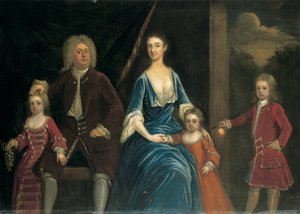 Groepsportret van Henry, 5e Lord Arundell van Wardour en zijn vrouw Elizabeth, samen met hun kinderen, in een interieur, een landschap op de achtergrond