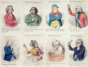 8 vignetten die welsprekendheid uitbeelden, gepubliceerd door Hannah Humphrey in 1795