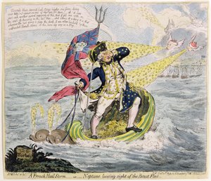 Een Franse Hagelstorm, of Neptunus die de Brest Vloot uit het oog verliest, gepubliceerd door Hannah Humphrey in 1793