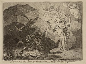 Een blik in de grot van het Jacobinisme, of Magna est Veritas et praevalebit, 1798 (ets op papier)