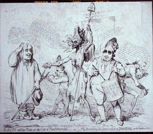 Alecto en haar gevolg bij de poort van Pandemonium, of De wervingssergeant die John Bull in dienst neemt voor de revolutiedienst, uitgegeven door S.W. Fores in 1791
