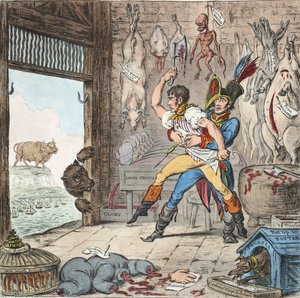 Boney en Talley, De Corsicaanse slagersrekening - Geen kwartdag!, pb. 1803 (handgekleurde gravure)