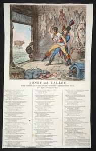 Boney en Talley, De Corsicaanse slagersrekening - Geen kwartdag!, pb. 1803 (handgekleurde gravure)