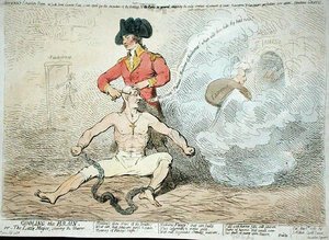 Het Koelen van de Hersenen, of De Kleine Burgemeester die de Scheerder Scheert door James Gillray
