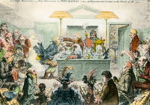 Engelse satire op wetenschap: nieuwe ontdekkingen in pneumatische materialen door James Gillray