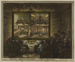 Tentoonstelling van een democratische transparantie, met zijn effect op patriottische gevoelens door James Gillray