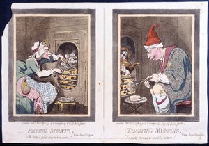 Sprats bakken, of koninklijk avondmaal, en muffins roosteren, of koninklijk ontbijt, gepubliceerd door Hannah Humphrey in 1791 (handgekleurde ets)