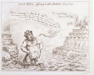 John Bull biedt Little Boney fair play aan, gepubliceerd door Hannah Humphrey in 1803 door James Gillray
