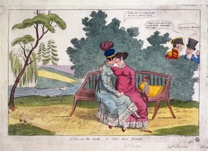 Lady Strachan en Lady Warwick vrijen in een park, terwijl hun echtgenoten afkeurend toekijken. door James Gillray