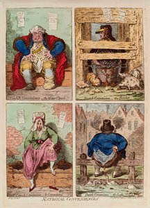 Nationale gemakken. (beschrijving en vergelijking van toiletten in Engeland, Schotland, Frankrijk en Nederland). Werk van James Gillray, gravure en aquarel door James Gillray